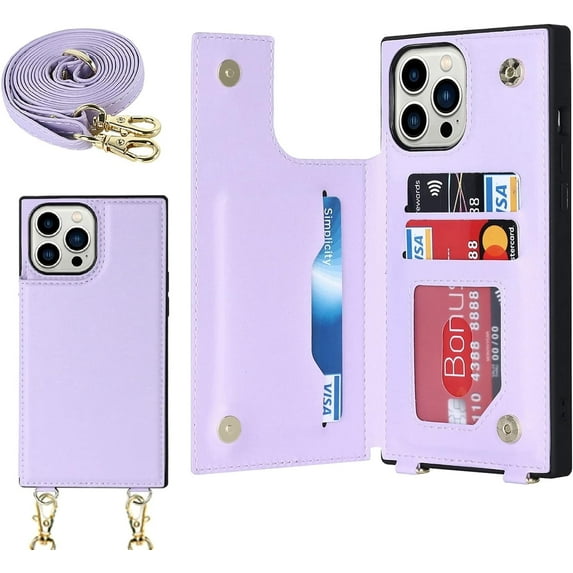for iPhone 14 Pro Max Crossbody Phone Case with Card Holder,iPhone 14 Pro Max Case for Women Men with Strap Lanyard, Magnetic Kickstand Protective Purse for Girl,6.7 Inch (Purple)