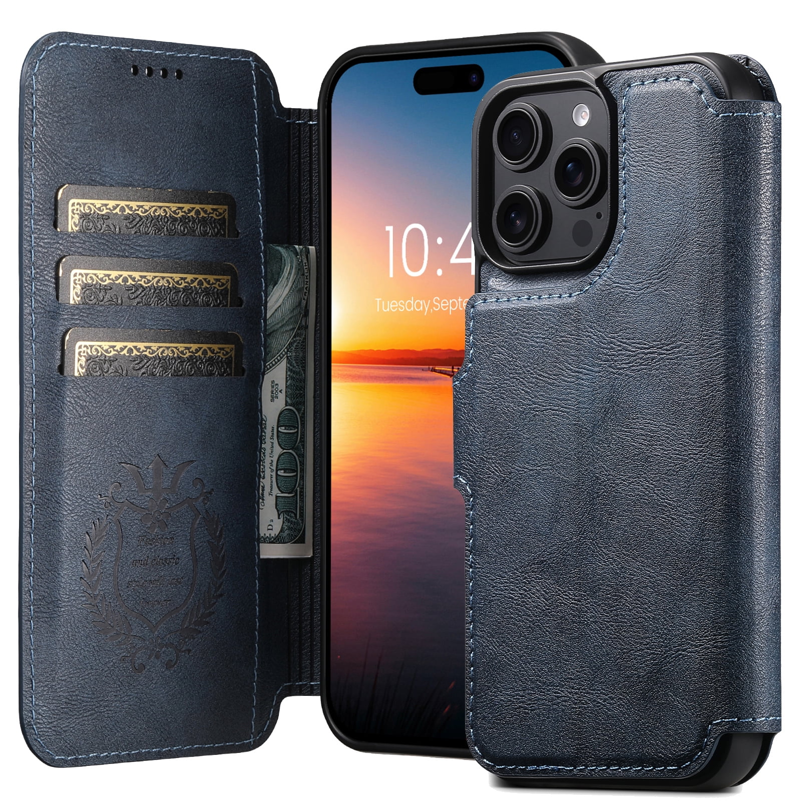 for iPhone 14 Pro Max Detachable Wallet Case, PU Leather Magnetic Cover Support Wireless Charging & Magnetic Car Mount, Card Slots Holder, Flip Stand, Folio Full Body Protective Phone Shell, Blue