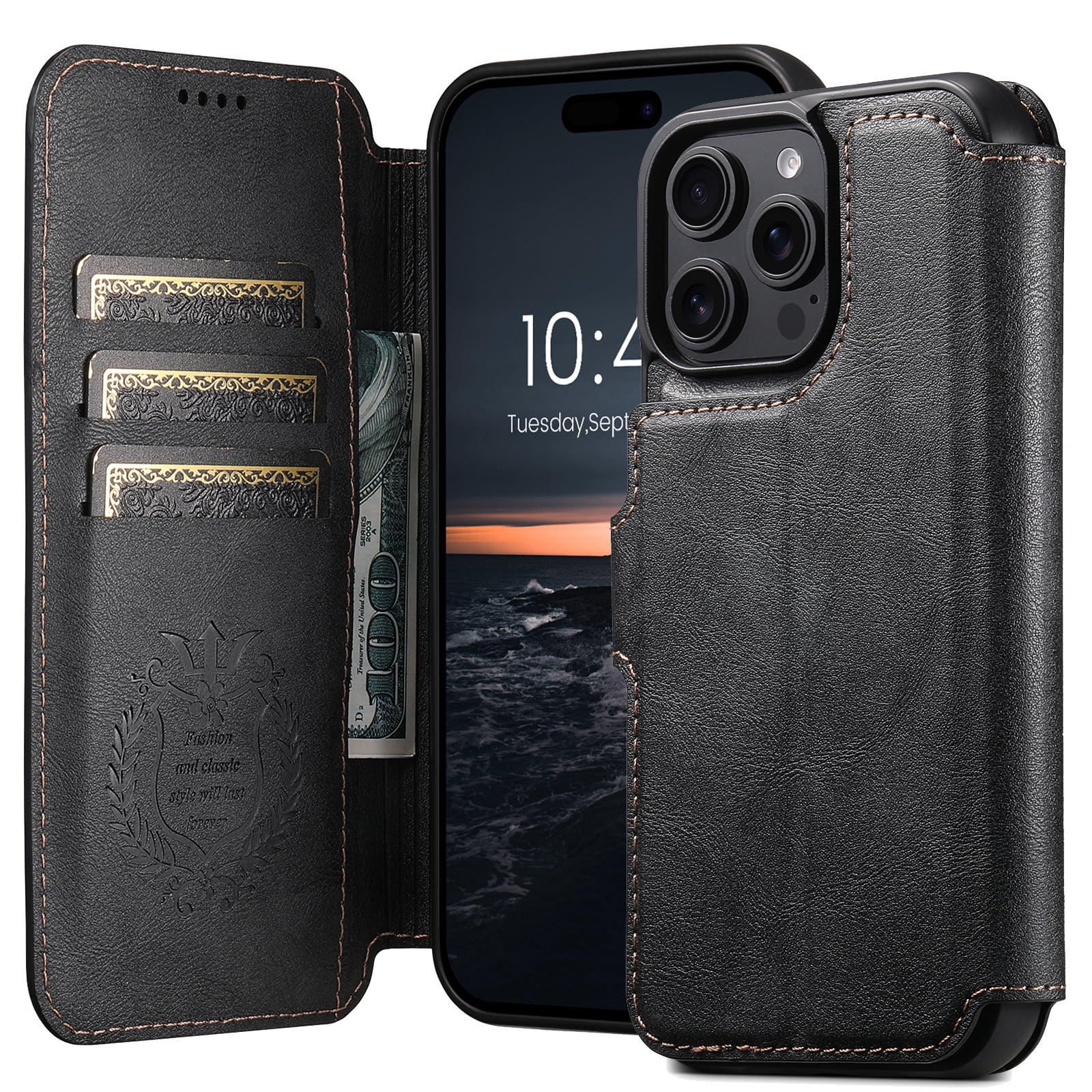 for iPhone 14 Pro Max Detachable Wallet Case, PU Leather Magnetic Cover Support Wireless Charging & Magnetic Car Mount, Card Slots Holder, Flip Stand, Folio Full Body Protective Phone Shell, Black