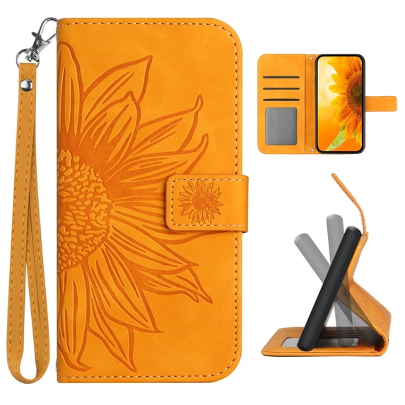 for iPhone 14 Pro Max Flip Case, Flower Printed PU Leather Magnetic Wallet Case with Stand Holder Flip Cover with Card Slots and Strap Compartment for iPhone 14 Pro Max (6.7") - Yellow