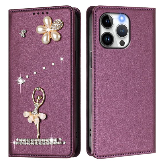 For iPhone 14 Pro Max Flip Phone Case,Luxury Diamond Pearl Ballet Dancer Pattern Design,Anti-Scratch PU Leather Flip Folio Foldable Kickstand,Card Slots,Shockproof Wallet Phone Case,Darkpurple
