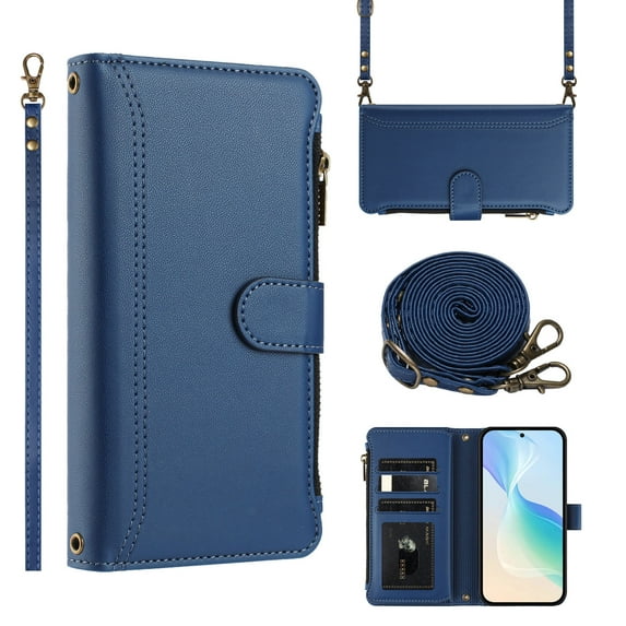 for iPhone 14 Pro Max Flip Wallet Case, PU Leather Protective Rugged Cover with Credit Card Slots Zipper Pocket, Shock-Absorbent Kickstand Magnetic Closure Lanyard & Shoulder Strap, Darkblue