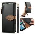 thumbnail image 1 of For iPhone 14 Pro Max Flip Wallet Phone Case,With Shoulder Strap&Wrist Strap,Flip Fold Kickstand,With Card Slots,Zipper Pocket,Leaf Magnetic Closure,Shockproof Anti-fall Phone Case,Black, 1 of 13