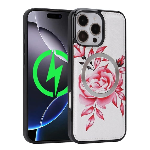 for iPhone 14 Pro Max Floral Pattern PU Leather + TPU Magnetic Wireless Charging Case, Classic Shockproof Ultra Slim Drop Protective Anti-Scratch Lightweight Women Girls Back Cover, White