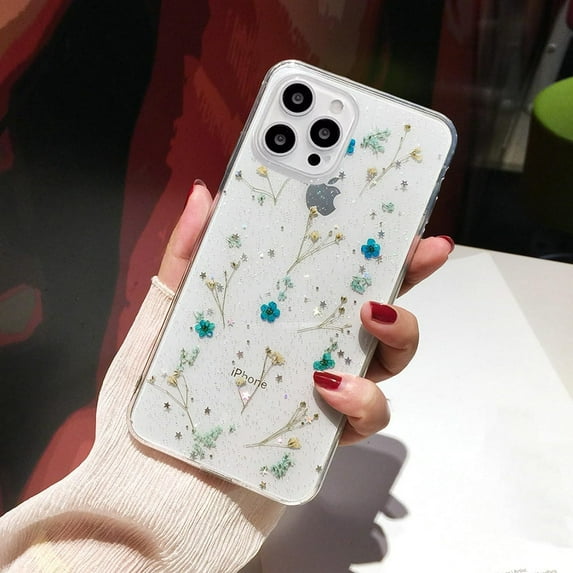 iPhone 14 Pro Max Flower Case,Clear Soft Flexible Rubber Pressed Dry Real Flowers Case Women Girls Glitter Floral Cover for iPhone 14 Pro Max -Blue