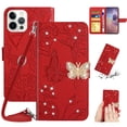 thumbnail image 1 of for iPhone 14 Pro Max Flower Pattern Wallet Case, with Wrist Hand Strap Crossbody Lanyard, Sparkle Rhinestone Butterfly Cover with Card Slots & Kickstand & Magnetic Clasp Case, Red, 1 of 11