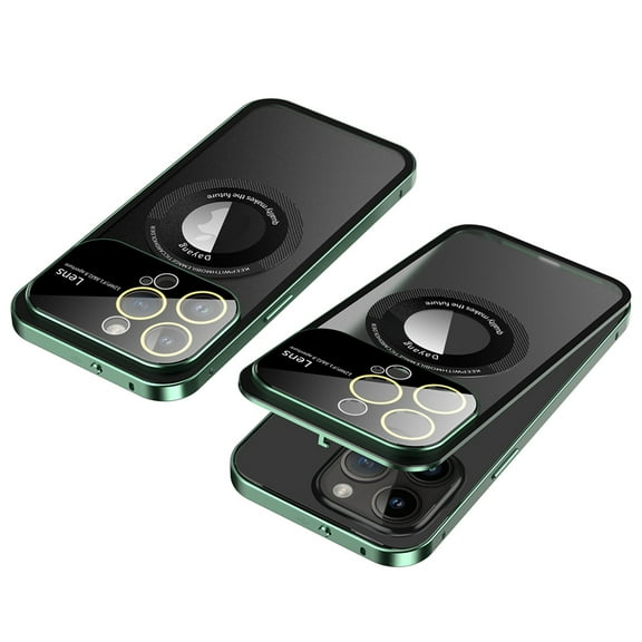 for iPhone 14 Pro Max Frosted Semi-Transparent Magnetic Case, Compatible with MagSafe Wireless Charging, Aluminum Alloy Frame Shockproof Elastic Buckle Lens Protector Cover,Darkgreen