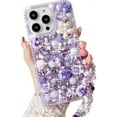thumbnail image 1 of for iPhone 14 Pro Max Glitter Bling Case, Girly Cute Luxury 3D Crystal Rhinestone Flowers Diamond Pearl with Lanyard Wrist Strap Women Girls Case Cover for iPhone 14 Pro Max 6.7 inch (Purple), 1 of 4