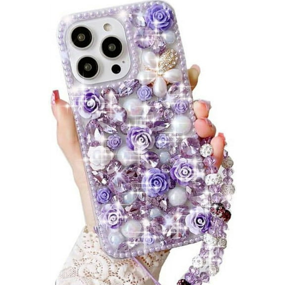 for iPhone 14 Pro Max Glitter Bling Case, Girly Cute Luxury 3D Crystal Rhinestone Flowers Diamond Pearl with Lanyard Wrist Strap Women Girls Case Cover for iPhone 14 Pro Max 6.7 inch (Purple)