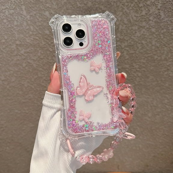 for iPhone 14 Pro Max Glitter Butterfly Case, Cute Girly Transparent Crystal Bling Sparkle with Wrist Strap Chain Soft TPU + PC Aesthetic Women Girls Phone Case for iPhone 14 Pro Max, Pink