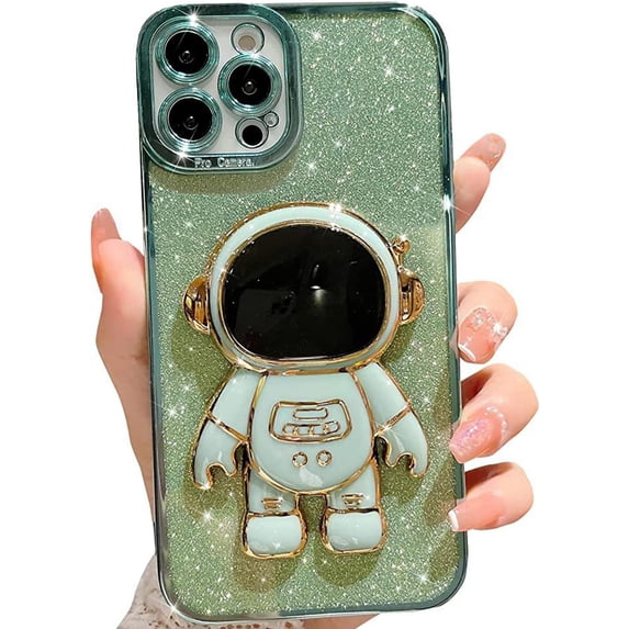 for iPhone 14 Pro Max Glitter Case Luxury Plating Astronaut Hidden Stand Case, Cute 3D Kickstand, Bling Slim Thin Shockproof for Women Girls Protective Clear Phone Cover Case, Green