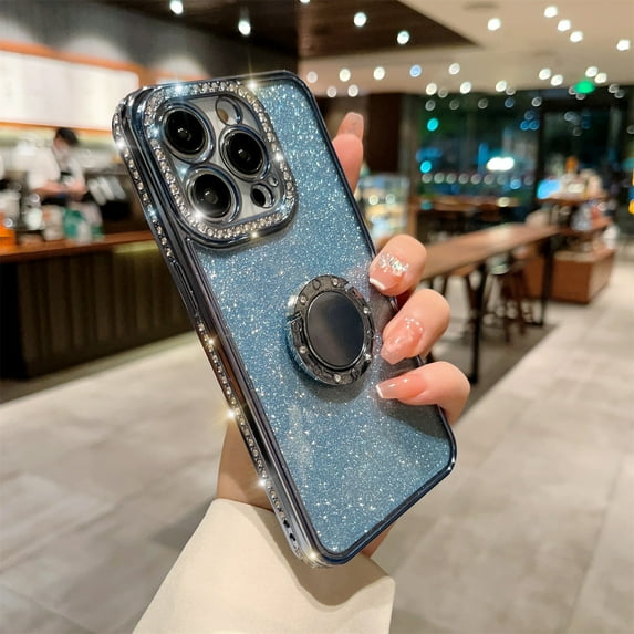 for iPhone 14 Pro Max Glitter Plating Case, Cute Luxury Bling Rhinestones Diamond Soft Bumper Clear Transparent TPU Thin Lightweight Case Cover for Apple iPhone 14 Pro Max 6.7", Blue