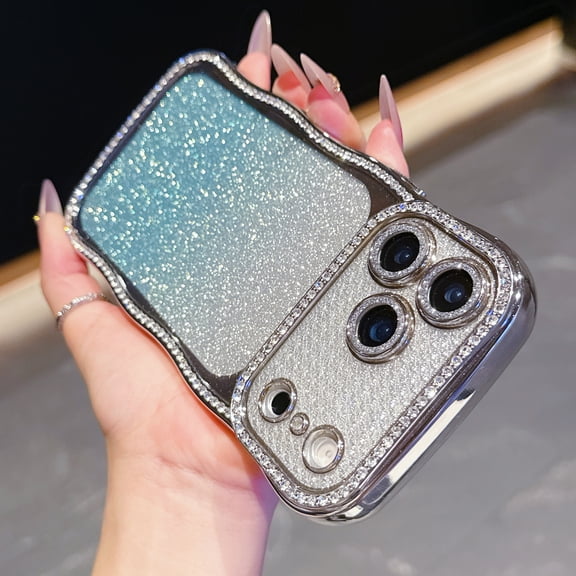 for iPhone 14 Pro Max Glitter Wave Case, Electroplated Gradient Diamond Protective Cover with Lens Protector, Wireless Charging Compatible for Girls Women, Silver