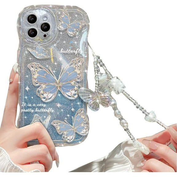 for iPhone 14 Pro Max Gradient Glitter Butterfly Case for Women, Cute Curly Wave Frame with Lovely Gems Wrist Strap Bling Sparkle Shockproof Soft TPU Girls Case for iPhone 14 Pro Max (Purple)