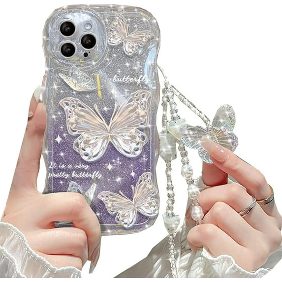 for iPhone 14 Pro Max Gradient Glitter Butterfly Case for Women, Cute Curly Wave Frame with Lovely Gems Wrist Strap Bling Sparkle Shockproof Soft TPU Girls Case for iPhone 14 Pro Max (Purple)