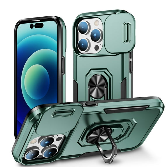 for iPhone 14 Pro Max Hard Case, with Camera Cover & Kickstand Holder, Built-in 360°Rotate Ring Stand Anti-scratch Drop Protection Magnetic Phone Case for Apple iPhone 14 Pro Max - Green