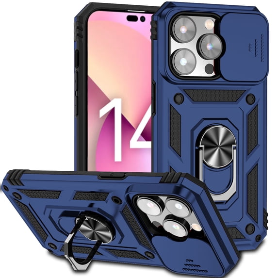 iPhone 14 Pro Max Kickstand Armor Case with Slide Camera Lens Protection Cover Built-in 360° Rotate Ring Holder Stand Magnetic Military Shockproof Phone Cover Case for iPhone 14 Pro Max,
Blue