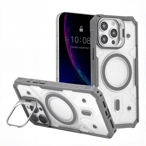 for iPhone 14 Pro Max Magnetic Case, with Built-in Lens Stand, Military-Grade Drop Protection, Transparent Shockproof Slim Case Compatible with Mag-Safe for iPhone 14 Pro Max Women Girls, Gray