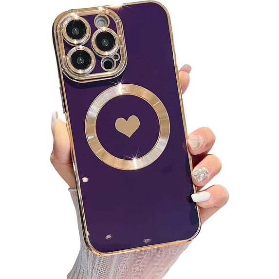 iPhone 14 Pro Max Magnetic Case, Compatible with MagSafe, Luxury Plating Cute Love Heart Bling Phone Case for Women Girls, Soft TPU Full Camera Shockproof Protective Case (Purple)