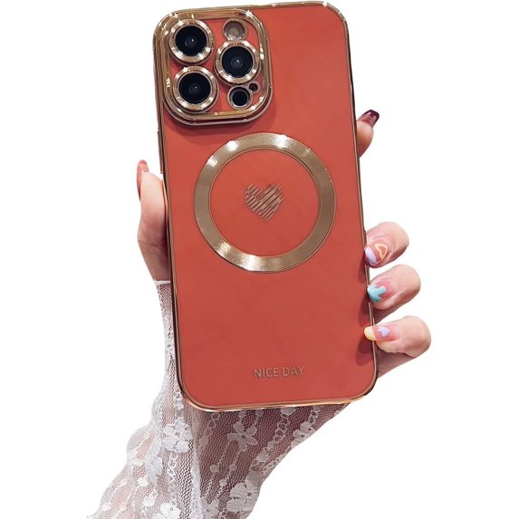 iPhone 14 Pro Max Magnetic Case, Compatible with MagSafe, Luxury Plating Cute Love Heart Bling Phone Case for Women Girls, Soft TPU Full Camera Shockproof Protective Case (Red)