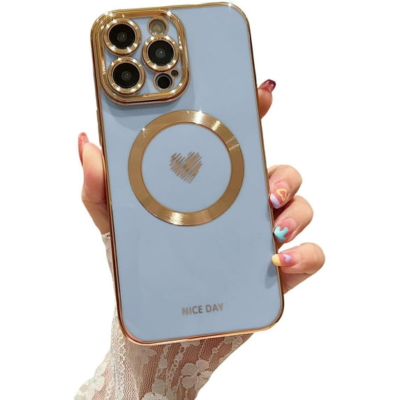 iPhone 14 Pro Max Magnetic Case, Compatible with MagSafe, Luxury Plating Cute Love Heart Bling Phone Case for Women Girls, Soft TPU Full Camera Shockproof Protective Case (Light Blue)