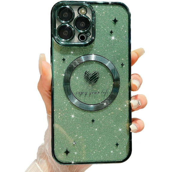 iPhone 14 Pro Max Magnetic Case, Compatible with MagSafe, Luxury Plating Cute Love Heart Bling Star Phone Case for Women Girls, Soft TPU Full Camera Shockproof Protective Clear Case (Green)