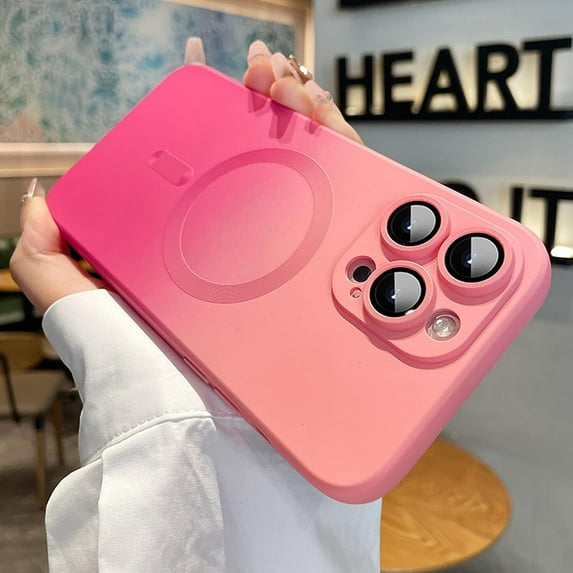 for iPhone 14 Pro Max Magnetic Case [Compatible with MagSafe] [with Camera Lens Protector] Gradient Color Luxury for Women Girls Slim Fit Shockproof Protective Phone Cover, Hot Pink&Peach Pink
