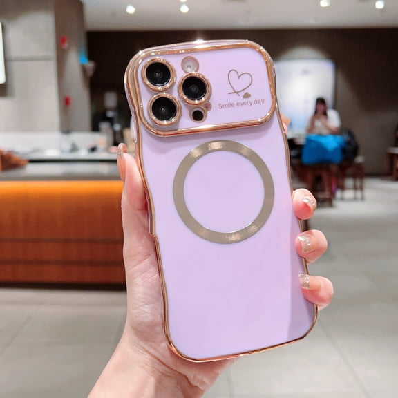 for iPhone 14 Pro Max Magnetic Case, Cute Curly Wave Shape & Love Heart Pattern Plating Edge Case Compatible With Mag Safe Women Girls Soft TPU Bumper Shockproof Protective Cover,Purple