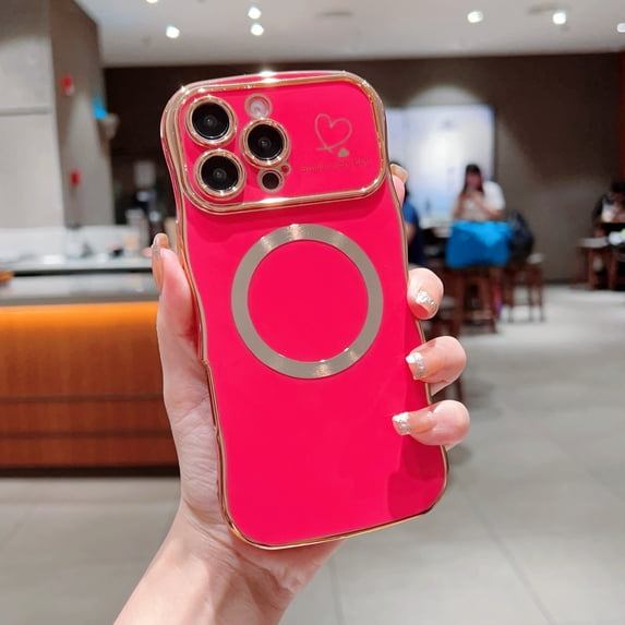 for iPhone 14 Pro Max Magnetic Case, Cute Curly Wave Shape & Love Heart Pattern Plating Edge Case Compatible With Mag Safe Women Girls Soft TPU Bumper Shockproof Protective Cover,Rose