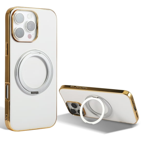 for iPhone 14 Pro Max Magnetic Case with Invisible Ring Stand [Compatible with Wireless Charging], Luxury PU Leather Slim Stand Shockproof Phone Cover for iPhone 14 Pro Max, White