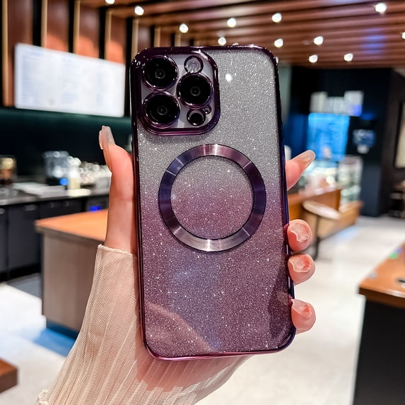 for iPhone 14 Pro Max Magnetic Case, Sparkle Glitter Case Compatible with Mag Safe Camera Lens Film Protection Bling Case Anti-Scratch Shockproof Phone Case for iPhone 14 Pro Max,Darkpurple