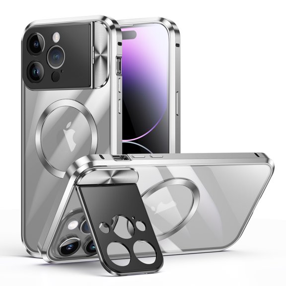 for iPhone 14 Pro Max Magnetic Clear Case, Aluminum Alloy Frame + Secure Lock Buckle Shockproof Cover with Lens Protection & Kickstand, Support MagSafe Wireless Charger Case,Silver