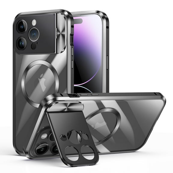 for iPhone 14 Pro Max Magnetic Clear Case, Aluminum Alloy Frame + Secure Lock Buckle Shockproof Cover with Lens Protection & Kickstand, Support MagSafe Wireless Charger Case,Black