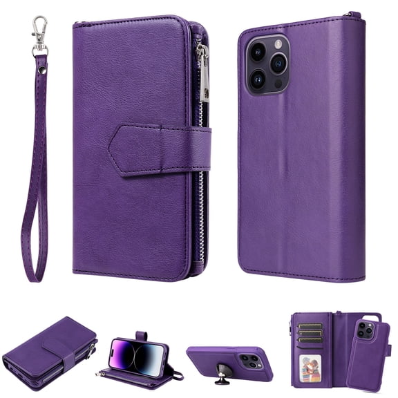 for iPhone 14 Pro Max Magnetic Detachable Flip Zipper Wallet Case, PU Leather 2-in-1 Cover with Wrist Strap Card Slot & Multi-Angle Kickstand Full Body Protective Shell, Purple