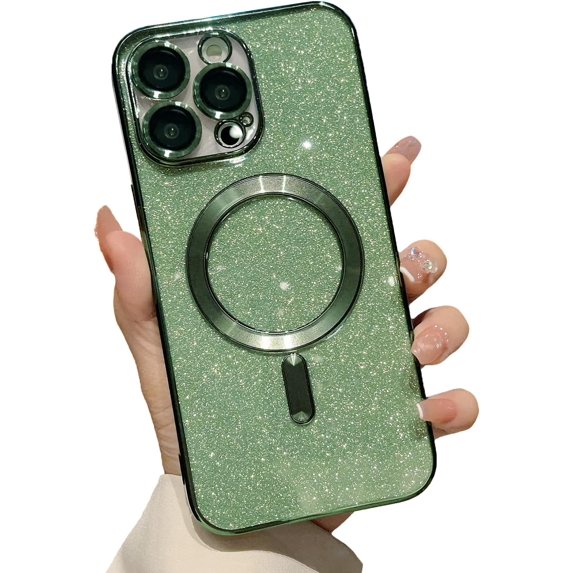 for iPhone 14 Pro Max Magnetic Glitter Case, Cute with Camera Lens Protector, Compatible with MagSafe, Soft TPU Slim Shockproof Clear Protective Phone Case Cover for Women Girls, Green
