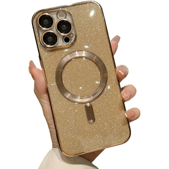 for iPhone 14 Pro Max Magnetic Glitter Case, Cute with Camera Lens Protector, Compatible with MagSafe, Soft TPU Slim Shockproof Clear Protective Phone Case Cover for Women Girls, Gold