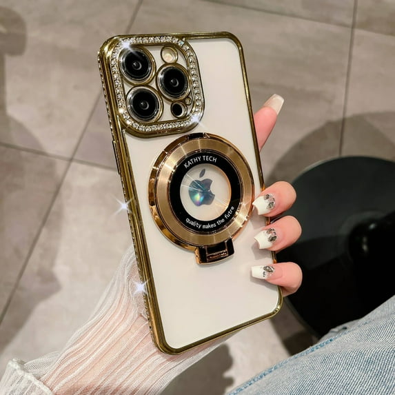 for iPhone 14 Pro Max Magnetic Glitter Case with Ring Holder Stand, Luxury Bling Rhinestone Clear Phone Case, Compatible with MagSafe and Camera Lens Protection Cover for Women Girls, Gold