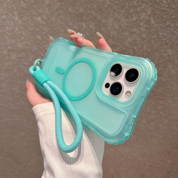 For iPhone 14 Pro Max Magnetic Phone Case,With Wrist Strap,Compatible with Mag-Safe,3-in-1 Heavy Duty Shockproof Frosted Translucent Rugged Anti-Scratch Anti-Drop Slim Phone Case,Lightblue