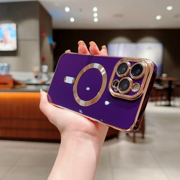 for iPhone 14 Pro Max, Nalacover [Compatible with Magsafe] Slim Cute Love Luxury Plating Edge Bumper Case with Full Camera Lens Shockproof Anti-Scratch Case For iPhone 14 Pro Max, Darkpurple