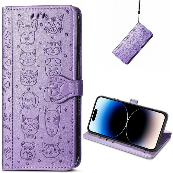 for iPhone 14 Pro Max PU Leather Flip Wallet Case, Cat Dog Cartoon Cute Style with ID Card Holder Phone Cover Case for Apple iPhone 14 Pro Max MG Purple
