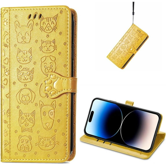 for iPhone 14 Pro Max PU Leather Flip Wallet Case, Cat Dog Cartoon Cute Style with ID Card Holder Phone Cover Case for Apple iPhone 14 Pro Max MG Yellow