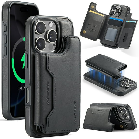 For iPhone 14 Pro Max PU Leather Wallet Phone Case,Compatible with Mag-Safe,Magnetic Detachable Card Holder,Back Flip Kickstand,2-in-1 Heavy Duty Shockproof RFID Blocking Phone Case,Black