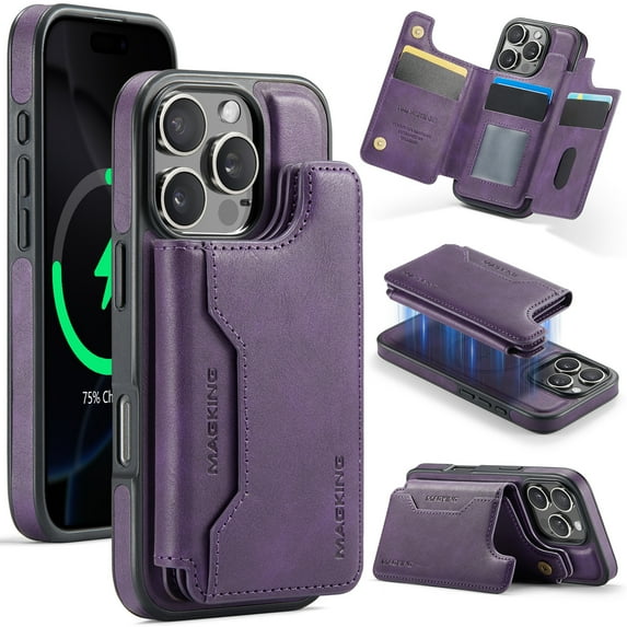 For iPhone 14 Pro Max PU Leather Wallet Phone Case,Compatible with Mag-Safe,Magnetic Detachable Card Holder,Back Flip Kickstand,2-in-1 Heavy Duty Shockproof RFID Blocking Phone Case,Purple