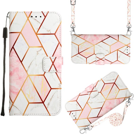 for iPhone 14 Pro Max PU Leather Wallet case, Marble Pattern Credit Card Holder,Flip Folio Book Kickstand Cover Women Men with Long + Short Strap for iPhone 14 Pro Max 2022, Pink White Grid Marble