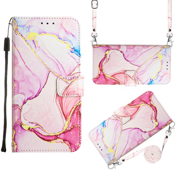 for iPhone 14 Pro Max PU Leather Wallet case, Marble Pattern Credit Card Holder,Flip Folio Book Kickstand Cover Women Men with Long + Short Strap for iPhone 14 Pro Max 2022, Rosegold Marble