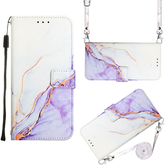 for iPhone 14 Pro Max PU Leather Wallet case, Marble Pattern Credit Card Holder,Flip Folio Book Kickstand Cover Women Men with Long + Short Strap for iPhone 14 Pro Max 2022, White Purple Marble