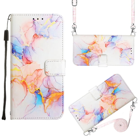 for iPhone 14 Pro Max PU Leather Wallet case, Marble Pattern Credit Card Holder,Flip Folio Book Kickstand Cover Women Men with Long + Short Strap for iPhone 14 Pro Max 2022, White Marble