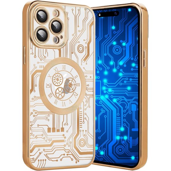 for iPhone 14 Pro Max Phone Case, Compatible with Magsafe Magnetic Cases, Transparent Luxurly Plated Pattern Design for Men Women,Soft Shockproof Camera Lens Protective Back Cover, Gold