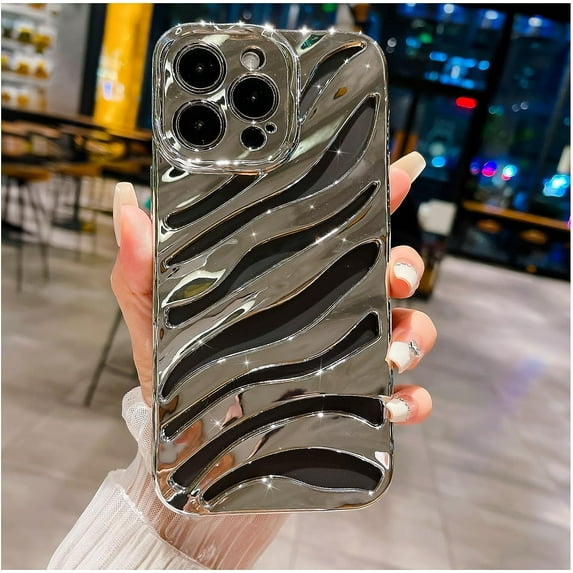 iPhone 14 Pro Max Phone Case, Cool Plating Water Ripple Hollow Out Pattern Case for Women Girls Men, Fashion Plating Carved Wavy Soft TPU Protective Back Cover (Silver)