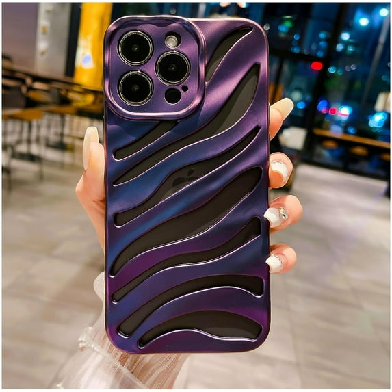 iPhone 14 Pro Max Phone Case, Cool Plating Water Ripple Hollow Out Pattern Case for Women Girls Men, Fashion Plating Carved Wavy Soft TPU Protective Back Cover (Deep Purple)